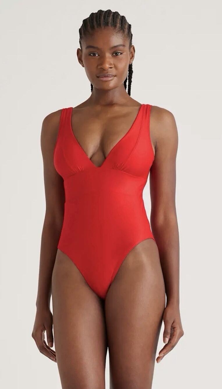 NWT Quince Italian Plunge One-Piece Swimsuit •M•Cherry Red SOLD OUT